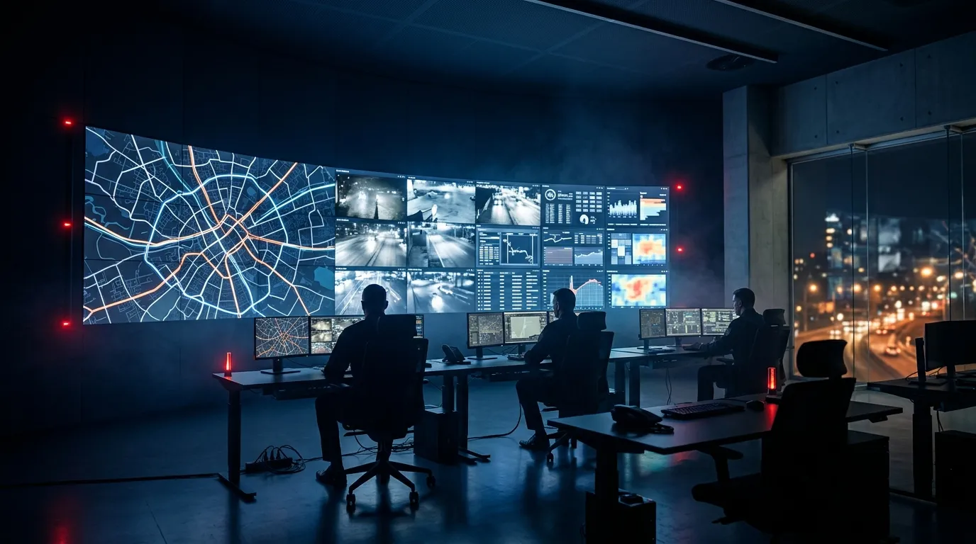 Centro Integrado de Operações monitorando a cidade: mapas, alertas, reconhecimento facial e leitura de placas.