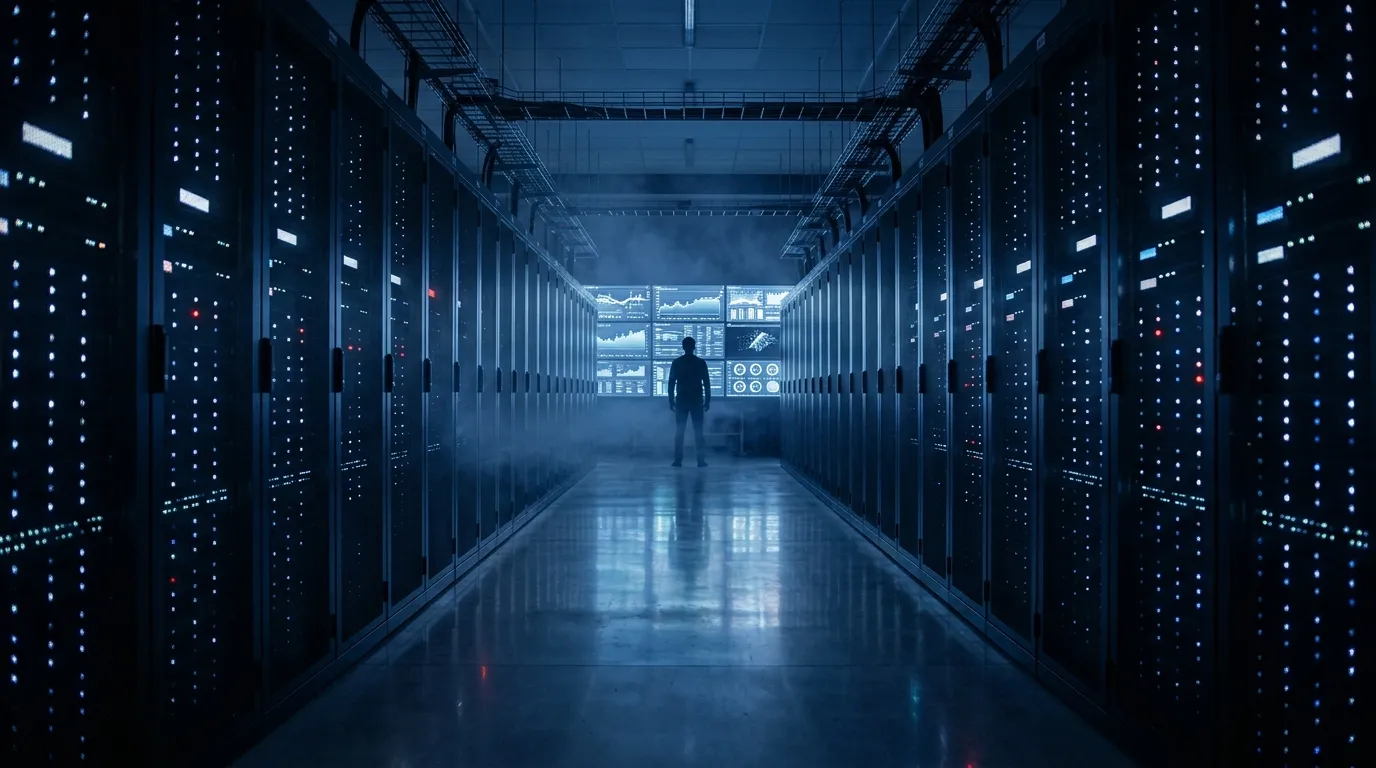 Data center moderno, racks de servidores e equipe de NOC monitorando dashboards 24×7.